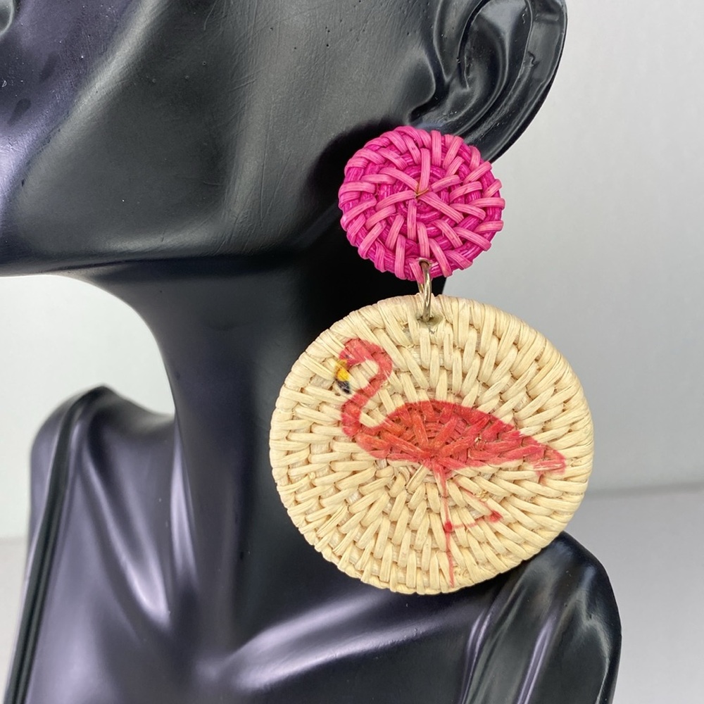 Flamingo Print Weaved Circular Earrings – Hypoallergenic & Nickel-Free, 3" Long